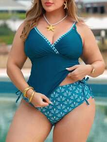 Swim Lushoire Plus Size Women 2-Piece Teal Summer Beach Holiday Holiday Tankini Swimwear,Solid Drawstring Ruched Adjustable Thick Strap High Waist Print Bottoms - Cadet Blue - View 1