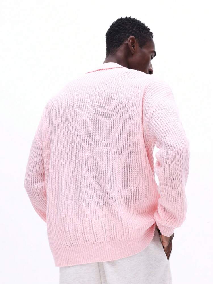 Ribbed Knit Polo Sweater With Button Placket