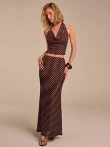 COSMINA 垂褶领吊带背心搭配荷叶边半裙套装，弹性网纱波点数码印花，金属扣饰，棕色套装，优雅服饰，度假装，沙滩假日装，露背设计 - 彩色 - 查看 4