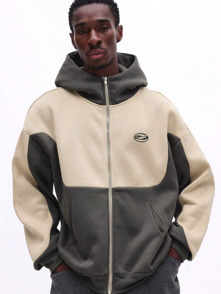 SUMWON Men Color Block Full Zip Hoodie With Hood Drawstring Regular Fit Long Sleeve Fall Winter Jacket Plain