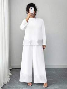 Elenzga 大码优雅串珠黑色两件套 - 白色 - 查看 4