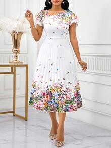 SHEIN Lady Petite Elegantes weißes Blumen Sommerkleid für Frauen, kurzes Trompetenärmel Rundhals Rüschen Midi-Länge Sommerkleid, Brunch Strand Resort Kleidung Hochzeitsgast Party, zierliche Frauen - Verschiedenfarbig - Übersicht 6