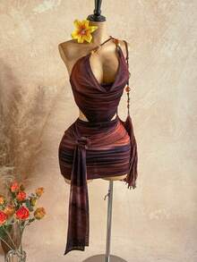 Soleia Váy dạ hội/dự tiệc mùa xuân/hè kiểu dáng thường ngày, phong cách miền Tây, thích hợp cho kỳ nghỉ, đám cưới, lễ tốt nghiệp, tiệc brunch; Váy mini thanh lịch phong cách Boho nhiệt đới hở lưng, cổ yếm, họa tiết ombre, trang trí kim loại, xếp nếp, thích hợp cho hẹn hò, tiệc tùng. - Nhiều màu - Xem 3