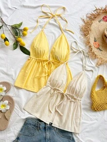 Soleia Bộ 2 áo hai dây gợi cảm họa tiết da báo, cổ yếm, chữ V, hở lưng, chất liệu có họa tiết, thích hợp cho kỳ nghỉ, hẹn hò, tiệc trà chiều, du lịch, lễ hội âm nhạc, phong cách boho. - Nhiều màu - Xem 4