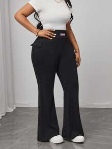 Truni Women Plus-Size Knitted Elastic Solid Color Flare Pants With Pocket, For Pear Triangle Body Shape - Black - View 5