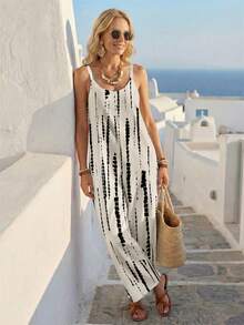 EMERY ROSE Bộ áo liền quần ống rộng màu be nhuộm tie-dye dành cho nữ, thích hợp cho kỳ nghỉ biển, du lịch, lễ hội âm nhạc, buổi hòa nhạc, đám cưới, du lịch thành phố, đảo, trang phục mùa hè không tay, áo khoác ngoài, quần yếm, trang phục dự buổi hòa nhạc nhạc đồng quê. - Nhiều màu - Xem 4