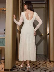 Modelyn Apricot Lace Ruffle Long Sleeve Mesh Patchwork Backless Tie Elegant Mid-Length Dress For Women - Apricot - View 2