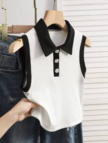 Squishy Teens' Casual Contrast Color Collar & Cuff Tank Top - White - View 1
