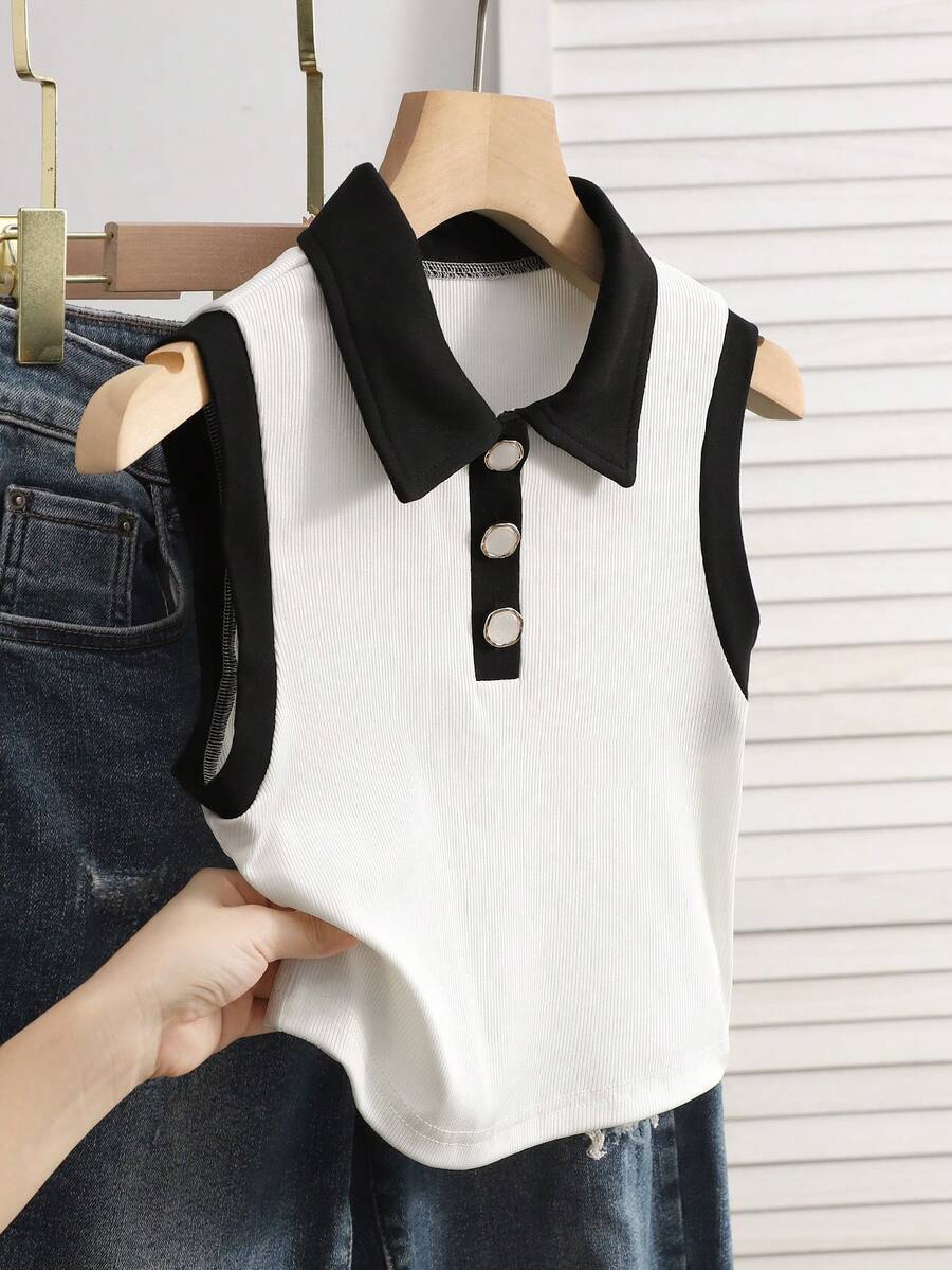 Squishy Teens' Casual Contrast Color Collar & Cuff Tank Top - White - View 1