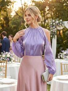 Amorya Áo sơ mi nữ tay dài cổ xếp ly, vai trần, kiểu dáng thường ngày, đa năng, thích hợp mặc đi làm, mùa hè, đi nghỉ mát, thanh lịch, sang trọng, thích hợp mặc đi làm, thời trang, thích hợp mặc đi dự đám cưới, làm phù dâu và các dịp khác. Áo sơ mi nữ mới. - Màu tím - Xem 2