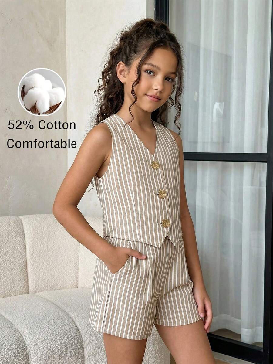 Firerie Kids Firerie Kids Tween Girl Casual Khaki Striped Metal Decor Backless Crop Top And Shorts Set, Commuting Outfit - Khaki - View 1