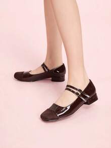 CUCCOO DOLLMOD Women's Fashion Wine Red Mary Jane Short Chunky Heel Casual Daily Wear Office Work Party Commuting Pumps BURGUNDY Heels Pumps Spring Shoes Spring Break Easter For Christmas Valentine's Day - Coffee Brown Mirror - View 4