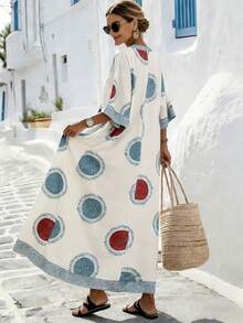 Breezaya Women's Elegant Retro Print V-Neck Loose Drop Shoulder Mid-Sleeve Dress - Multicolor - View 3