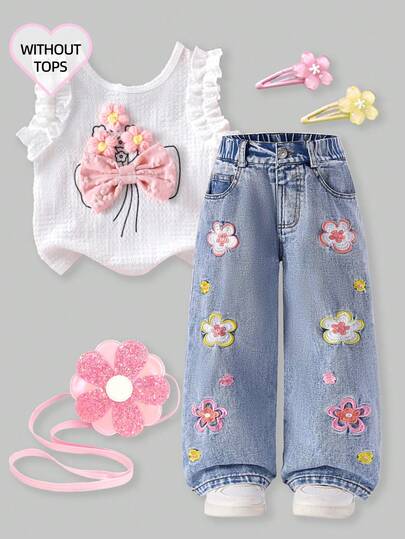 SHEIN ChillGRL Young Girl Fashion Washed Floral Embroidery Wide-Leg Jeans Children S Jeans  Sweet Flowers Jeans  Full Outfits For 4 To 8 Year Old With Pants With Flowers  Embroidery . Girls Pastel Wide-Leg Jeans Cheery Jean Set For Kids 4t Girls