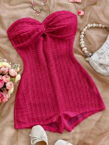 SHEIN PETITE CURVE Áo liền quần quây ngực màu trơn dáng rộng, cỡ lớn, kiểu xoắn. - Màu Hồng Tươi - Xem 7