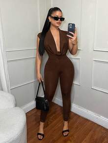 SHEIN SXY 女士性感黑色露背深V领连体裤 - 棕色 - 查看 3