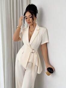 Elenzga Bộ đồ nữ, cổ ve lật cài khuy ẩn, eo điều chỉnh được bằng khóa kim loại hình chữ D, vạt áo bất đối xứng với viền bèo nhún, áo tay ngắn kết hợp với quần ống rộng thoải mái, phong cách Pháp cổ điển lãng mạn thanh lịch, phù hợp cho công sở, đi biển, dạo phố, đa năng, hàng mới về mùa xuân/hè. - Màu be - Xem 5