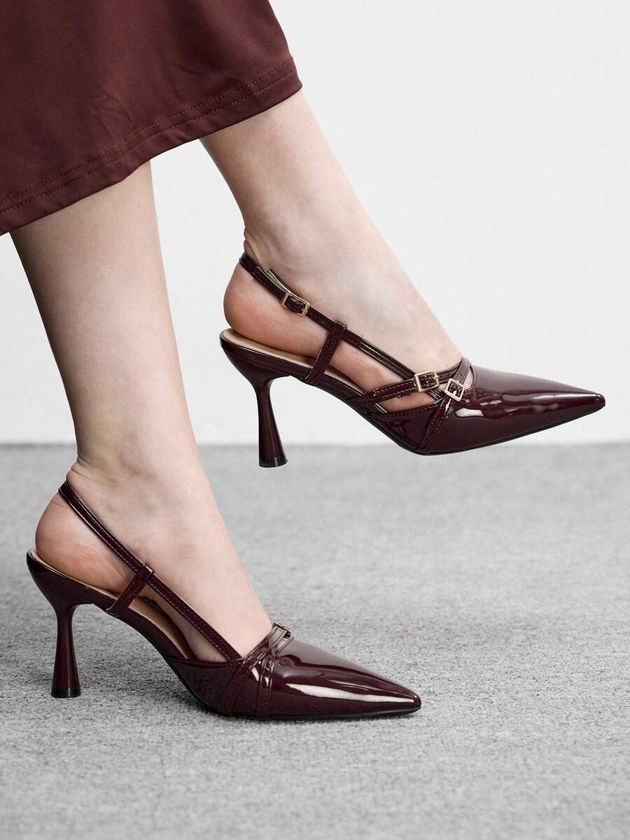 CUCCOO BIZCHIC 女士尖头细高跟酒红色交叉绑带时尚简约百搭日常通勤购物高跟鞋后跟绑带露跟鞋 - 深酒紅色 - 查看 1