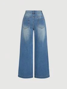 SHEIN MOD 女士口袋纽扣贴片休闲百搭日常穿着阔腿牛仔裤 - 藍色 - 查看 4