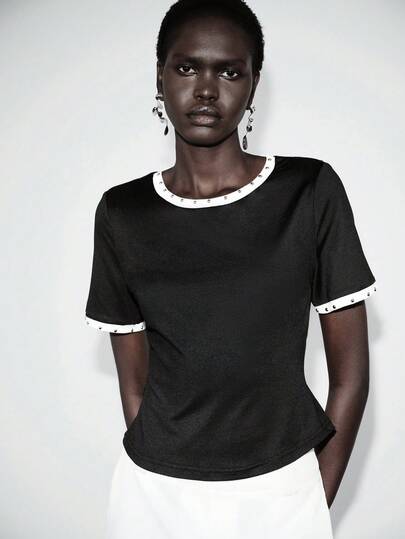 Lumivelle 女士新款黑色圆领短袖拼接铆钉装饰丝带休闲通勤T恤，春夏款