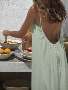 Cévolie Plus Size Solid Color Spaghetti Strap Sleeveless Loose Tie-Back Summer Dress - Limelight Green - View 2