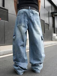 Manfinity EMRG Men's Casual Street Style Multi-Pocket Distressed Flared Leg Blue Jeans - Light Wash - View 2