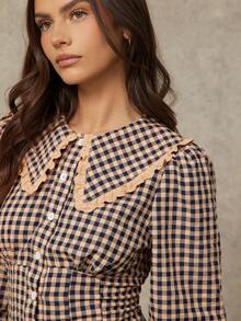 WESTFADE Gingham Ruffle Collar Button Front Fitted Long Sleeve Shirt Cute Fall Clothes For Women Country Concert Outfit - Multicolor - View 2