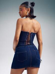 Denimoi 尖领牛仔束身衣，后背系带，性感牛仔上衣，时尚牛仔套装 - 深色水洗藍 - 查看 2