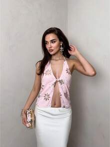 SHEIN Glamour Women's Summer Vacation Sequin Floral Embroidery Halter Backless Blouse - Pink - View 3
