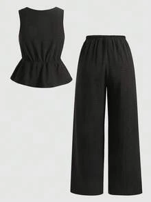 SHEIN Teen Girls Black Knit Casual Vacation Co-Ord Set Black Outfits Black Outfits For Girls Pants With Bows Teen Funeral Outfit Pants With Bow - Black - View 2