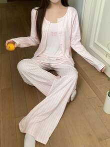 DAZY 女士修身印花开衫、吊带背心和直筒裤睡衣三件套，春季款 - 粉色 - 查看 4