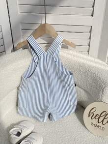Newborn Baby Boy Cute Vacation Casual Versatile Striped Bib Romper - Blue - View 2