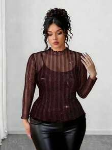Elenzga Blusa brillante de tela transparente y textura con dobladillo enrollado para mujer de talla grande - Burdeos - Ver 4