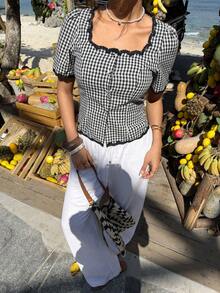 Serisse 女士休闲格纹饰边前开襟短袖衬衫，夏季款 - 黑與白 - 查看 6