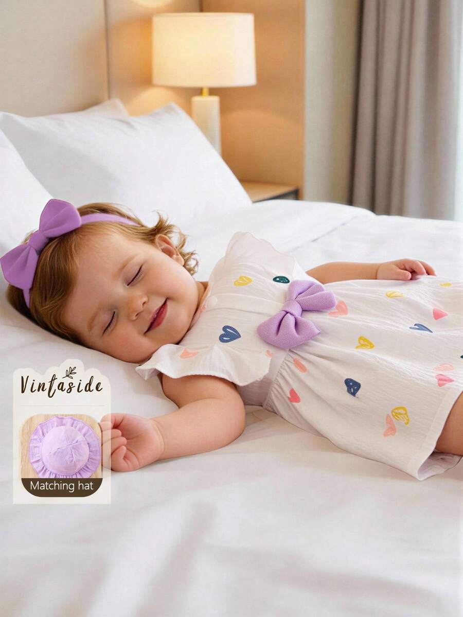 SHEIN Vintaside Kids Đầm dễ thương tay bồng in hình trái tim và nơ cho bé gái - Màu tím - Xem 1