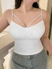 Dazy Plus Solid Color Hollow Out Fitted Cropped Camisole Tank Top, Suitable For All Seasons - White - View 1