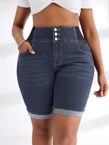 Slaydiva Plus Size Denim Baggy Elastic Waist Shorts, Fashionable For Autumn - Dark Wash - View 5