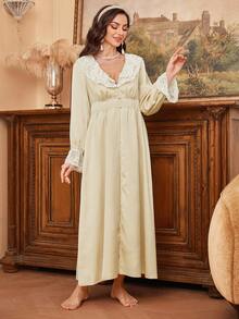 SHEIN 2pcs Lace Ruffle V-Neck Cinched Waist Long Sleeve Robe + Lace Trim Camisole Pajama Set For Women - Apricot - View 6