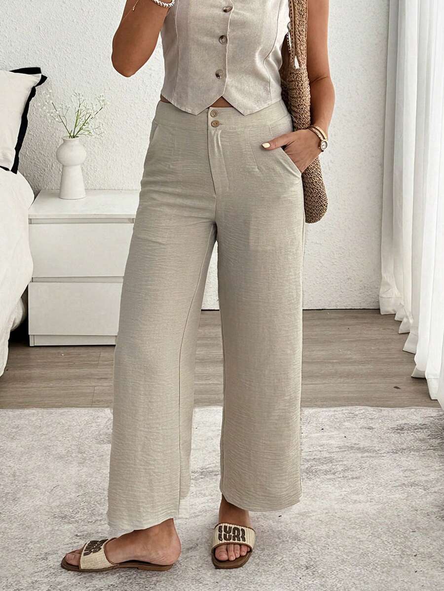 Louniche Pantalones anchos de verano de estilo informal similar al lino para mujer - Albaricoque - Ver 1