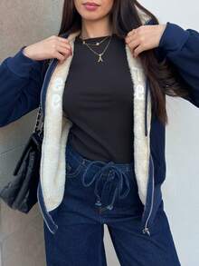 Hitanina 全新字母刺绣休闲学院风时尚舒适女式连帽夹克 - 藏蓝色 - 查看 3