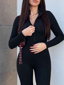 Hitanina 女式街头纯色长袖半拉链连体裤，秋季 - 黑色 - 查看 4