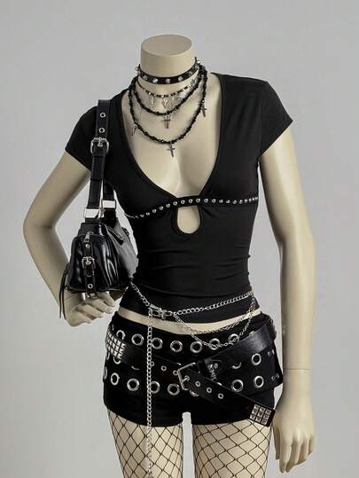 EgrlEra Women's Sexy Gothic Punk Style Deep V-Neck Rivet Decor Cap Sleeve Fitted T-Shirt, Summer