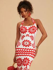 Travachic Vestido casual de mujer con cuello halter y estampado floral para vacaciones, conjuntos de verano para mujer, atuendos de playa para mujer, mujer, atuendo de concierto para mujer, bohemio, atuendos de rave, vacaciones tropicales, festival, vestidos de verano románticos para mujer, vestidos bohemios para mujer, vestidos tropicales para mujer, vestidos de mujer para vacaciones, nuevos lanzamientos, vestido de mujer, vacaciones tropicales, atuendos bohemios, atuendos de Ibiza, estilo occidental - Rojo y blanco - Ver 3