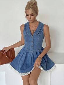 Siren Gaze 女士夏季休闲蕾丝边无袖牛仔连衣裙 - 淺色水洗藍 - 查看 2