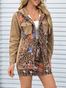 EMERY ROSE Women's Leopard Print Pocket Hooded Long Sleeve Denim Jacket And Coat - Coffee Brown - View 6