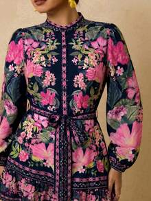 SHEIN TRVLCHIC Plus Size Women's Tropical Plant Print Long Sleeve Dress, Suitable For Holiday/Resort Wear, Autumn/Winter - Royal Blue - View 6