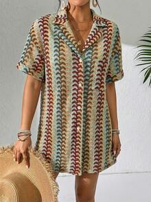 Swim Vcay Women's Summer Beach Striped Lace Lapel Front Open Button Dropped Shoulder Short Sleeve Vacation Kimono Cover Up - Khaki - View 7