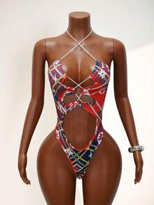 Mistrie 露背交叉绑带连体衣，撞色格纹印花，挂脖设计，性感修身，度假风连体衣 - 彩色 - 查看 1