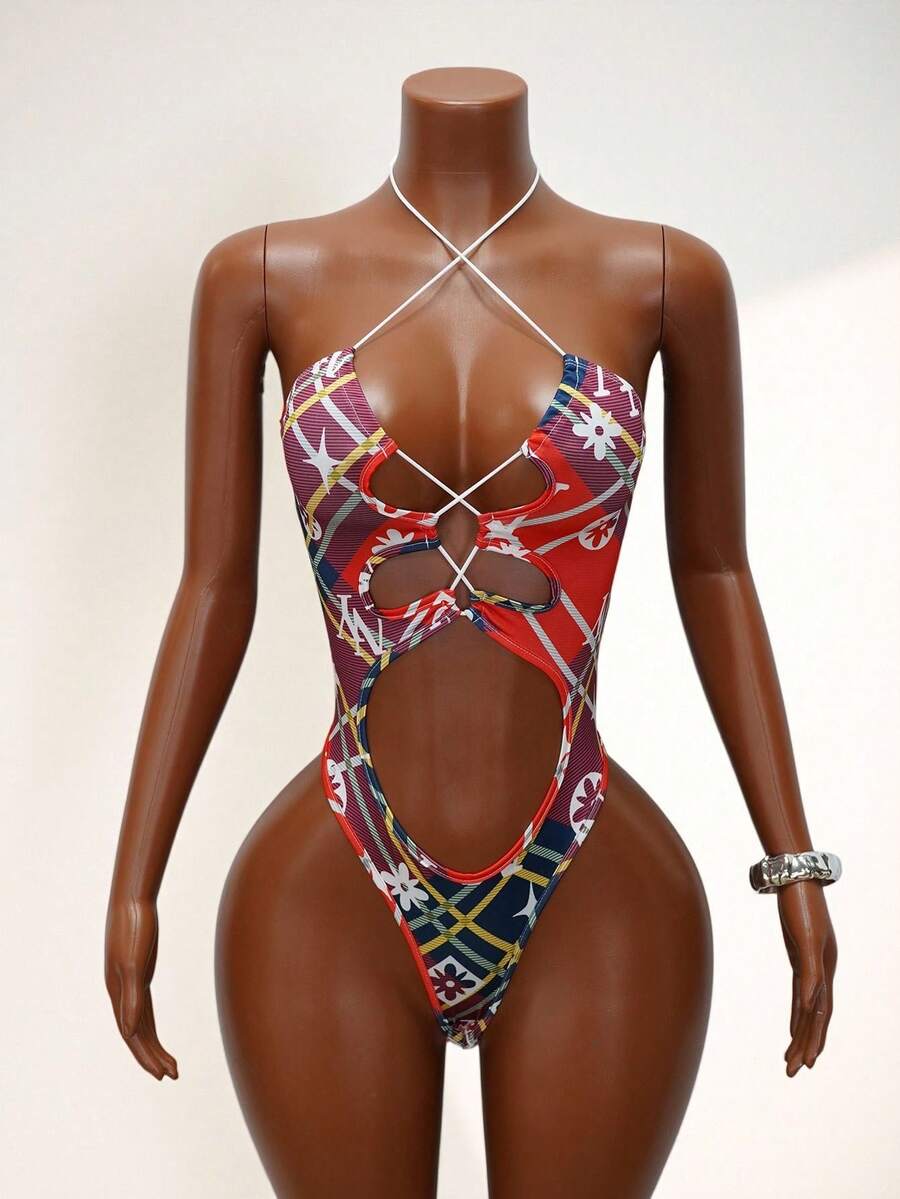 Mistrie 露背交叉绑带连体衣，撞色格纹印花，挂脖设计，性感修身，度假风连体衣 - 彩色 - 查看 1