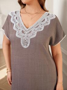 EMERY ROSE 大码优雅撞色蕾丝荷叶边连衣裙，夏季 - 灰色 - 查看 7